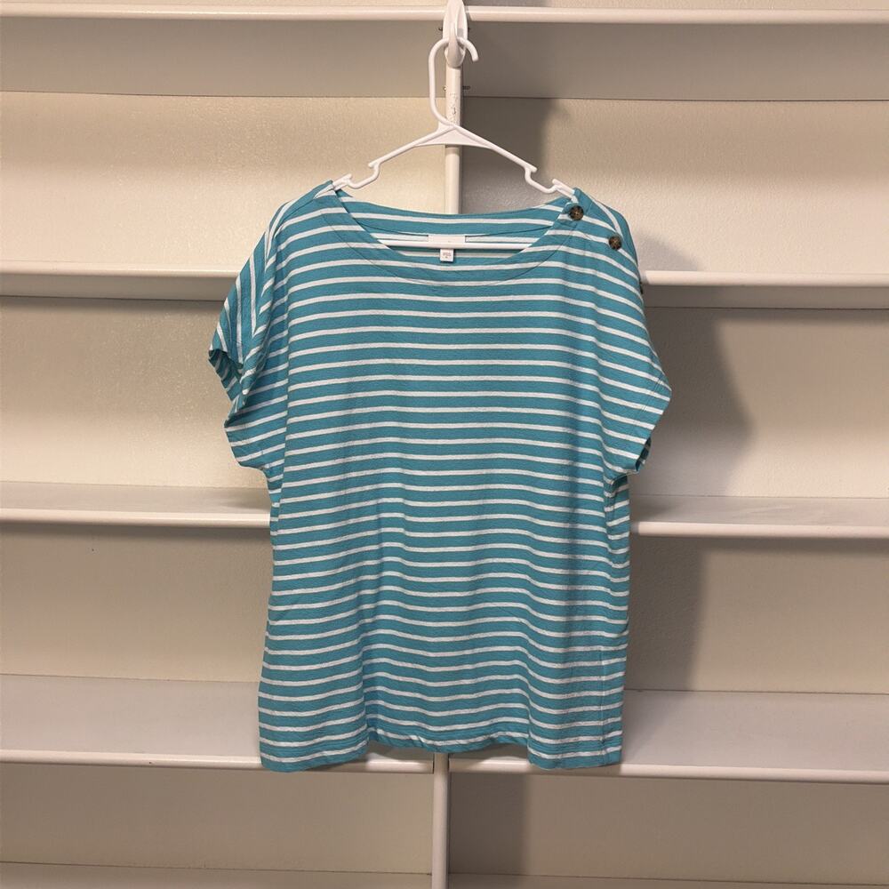 J Jill Womens Short Sleeve Cotton Striped T With Button Accent Teal Size XL